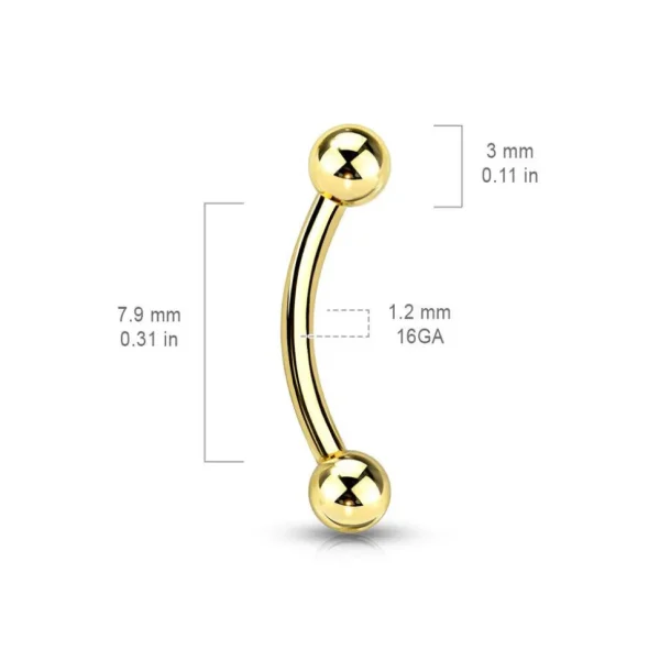 Bananabell/kaareva tappi 1,2mm -Basic Titanium Curved Barbell in Gold
