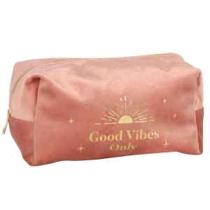 Good Vibes Only -vaaleanpunainen samettimeikkipussi