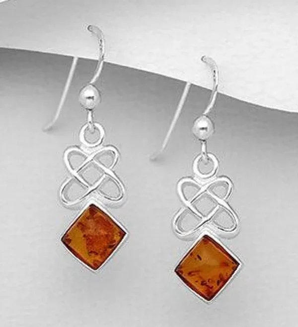 Hopeakorvakorut, PREMIUM COLLECTION | Celtic Rhombus Earrings with Amber