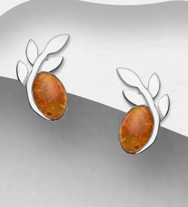 Hopeanapit, PREMIUM COLLECTION | Leaf Earstuds with Baltic Amber