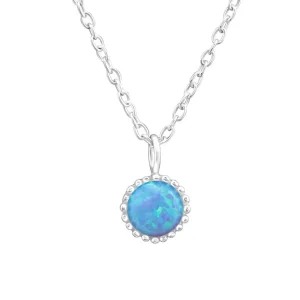 Hopeinen kaulakoru, Round Imitation Opal in Blue