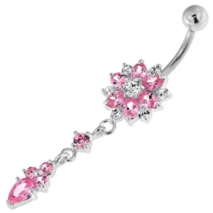 Hopeinen napakoru titaanivarrella, Dangly CZ Flower in Pink