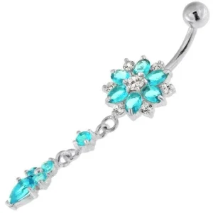 Hopeinen napakoru titaanivarrella, Dangly CZ Flower in Turqoise
