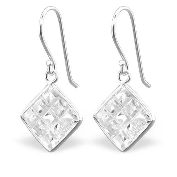 Hopeiset korvakorut, Cubic Zirconia, viisteleikattu neliö (kirkas)