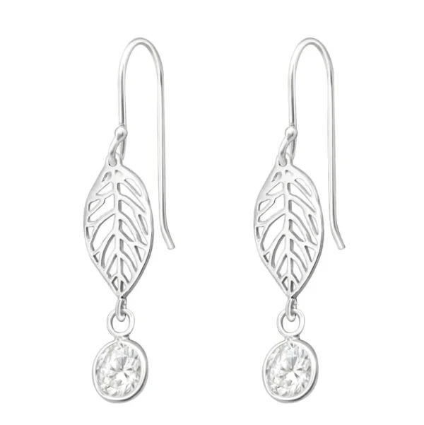 Hopeiset korvakorut, Delicate Leaf with Cubic Zirconia (lehti kirkkaalla kristallilla)