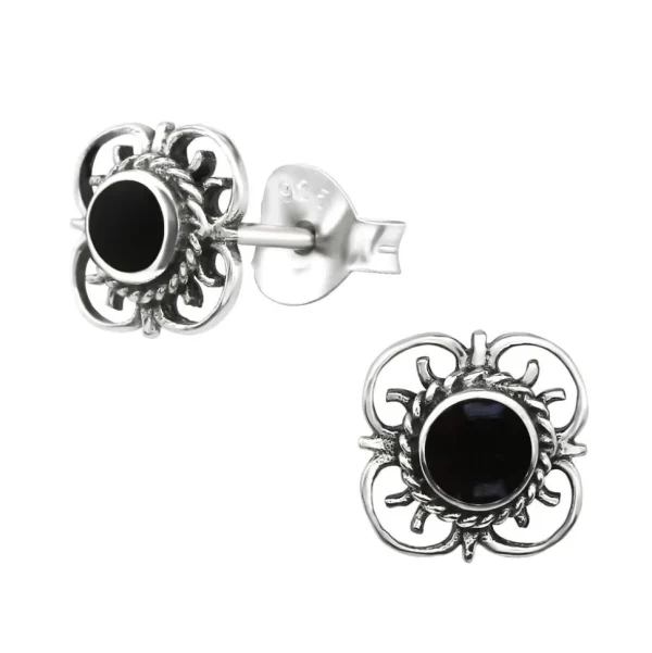 Hopeiset korvanapit, Antique Silver Flower (hopeanappi mustalla keskustalla)