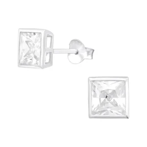 Hopeiset korvanapit, Bezel Square 6mm CZ Crystal -kimallusnapit
