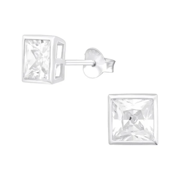 Hopeiset korvanapit, Bezel Square 6mm CZ Crystal -kimallusnapit