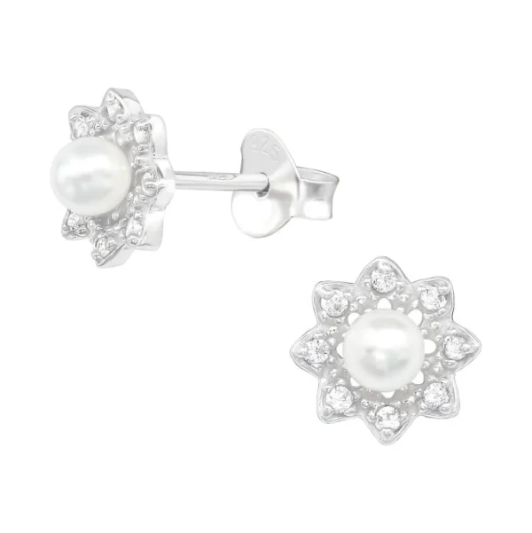 Hopeiset korvanapit, Flower Pearl Earstuds with Crystals -helminapit