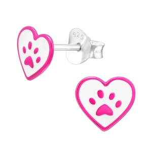 Hopeiset korvanapit, Fuchsia Paw Print Heart -tassunjälki korvanapit