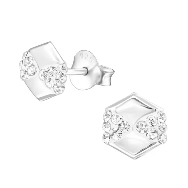Hopeiset korvanapit, Hexagon Ear Studs with Crystals