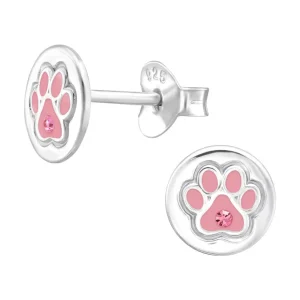 Hopeiset korvanapit, Pink Round Paw Print -tassunjälki korvanapit