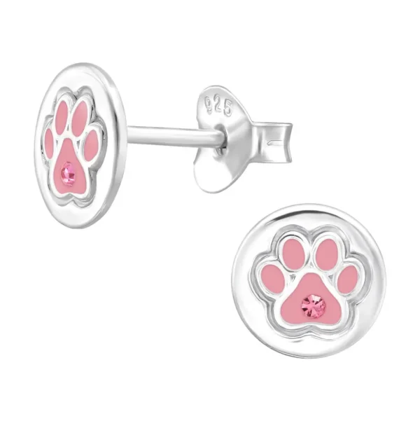 Hopeiset korvanapit, Pink Round Paw Print -tassunjälki korvanapit
