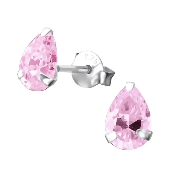 Hopeiset korvanapit, Pink Teardrop Earrings with CZ