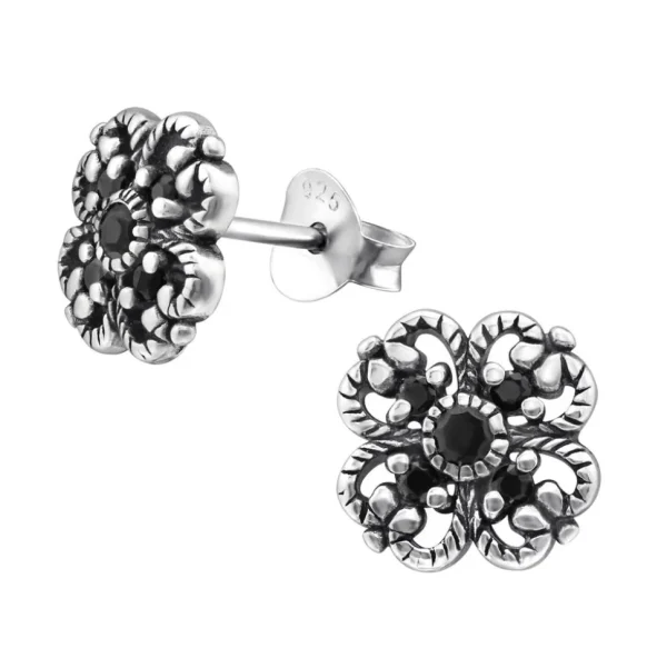 Hopeiset korvanapit, Silver Flower Ear Studs with Black CZ