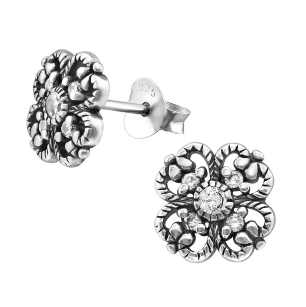 Hopeiset korvanapit, Silver Flower Ear Studs with CZ
