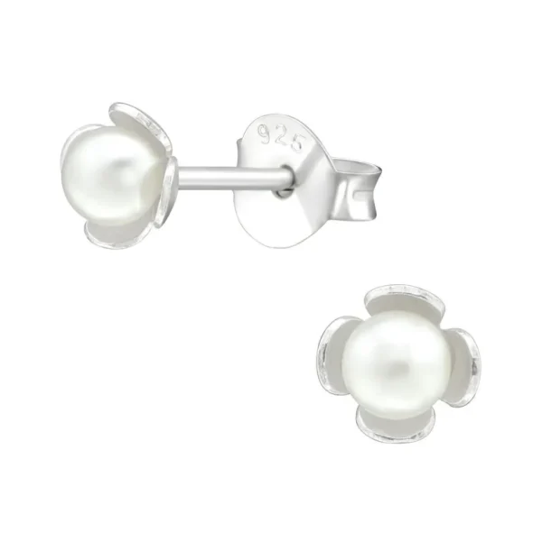 Hopeiset korvanapit, Small Flower Pearl Earstuds -pienet helminapit