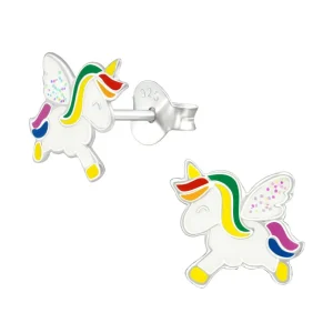 Hopeiset korvanapit, Unicorn with Glitter Wings-valkoinen yksisarvinen