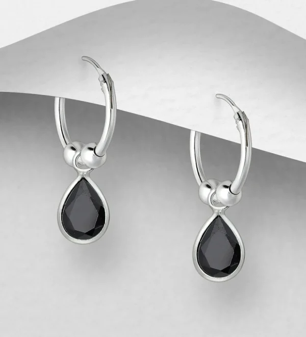 Hopeiset korvarenkaat, CZ Huggie Hoops with Black Teardrop