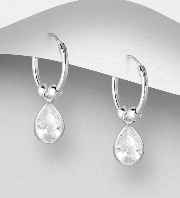 Hopeiset korvarenkaat, CZ Huggie Hoops with Clear Teardrop