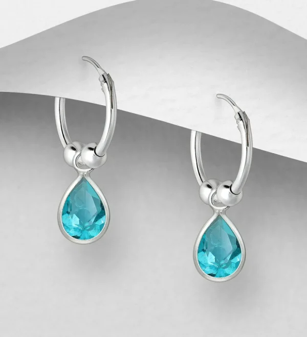 Hopeiset korvarenkaat, CZ Huggie Hoops with Turqoise Teardrop
