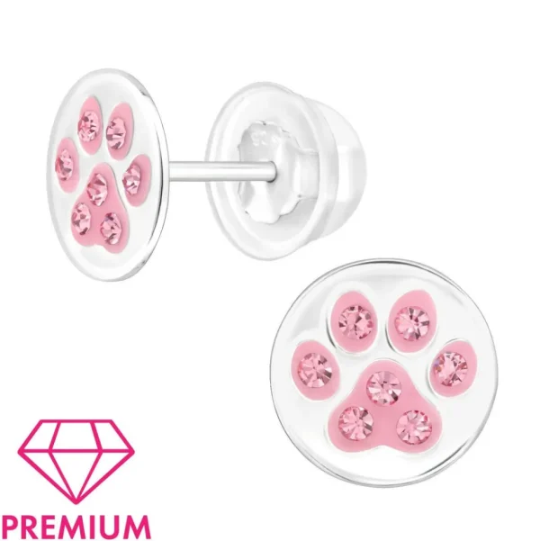Hopeiset premium korvanapit, Pink Paw Print -tassunjälki korvanapit