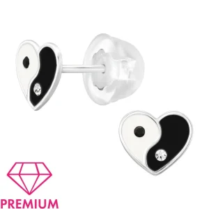 Hopeiset premium korvanapit, Yin Yang -sydän jing jang hopeanapit