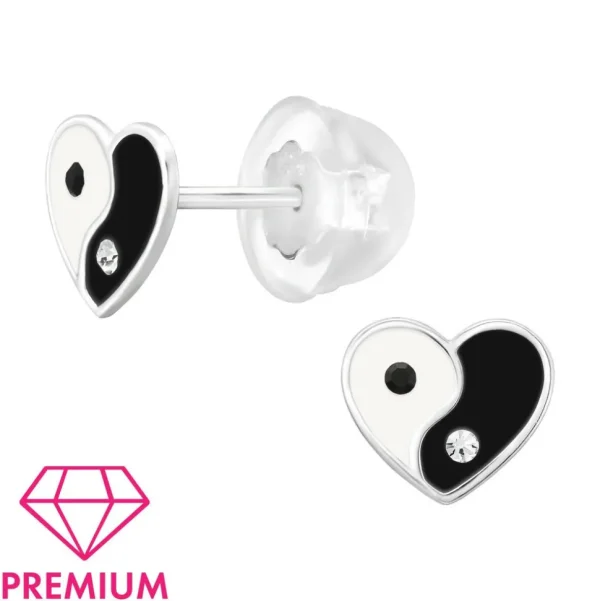 Hopeiset premium korvanapit, Yin Yang -sydän jing jang hopeanapit