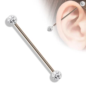 Industrial, Steel Barbells with Crystal Paved Balls in Rosegold