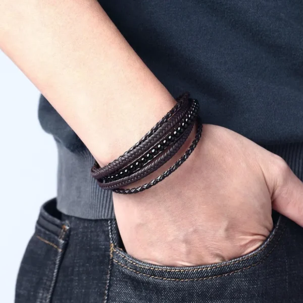 Keinonahkainen rannekoru, Black Natural Stone Faux Leather Bracelet