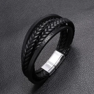 Keinonahkainen rannekoru, Multilayer Black Faux Leather Bracelet