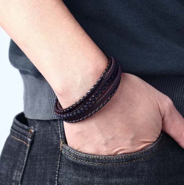 Keinonahkainen rannekoru, Brown Lava Stone Faux Leather Bracelet