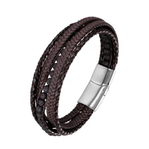 Keinonahkainen rannekoru, Brown Lava Stone Faux Leather Bracelet