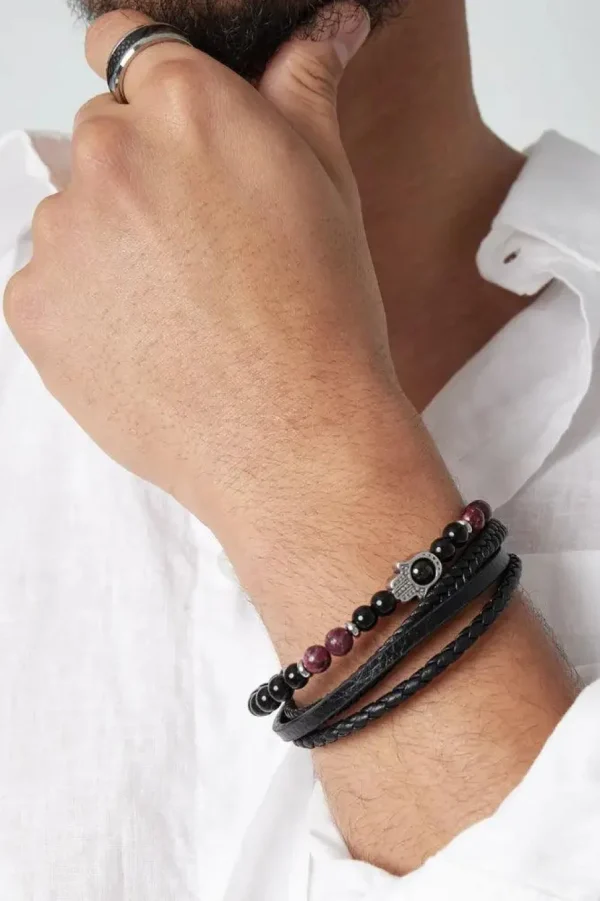Kerroksellinen rannekoru, Hamsa Hand in Red -rannekoru luonnonkivillä