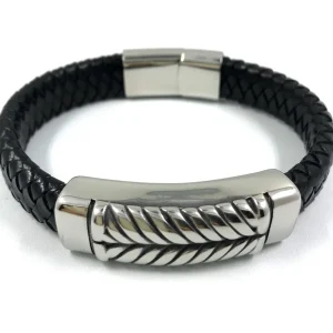 Kirurginteräsrannekoru, Black Chunky Leather Bracelet with Stainless Steel