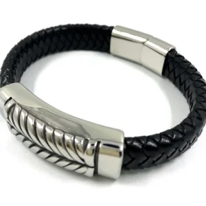 Kirurginteräsrannekoru, Black Chunky Leather Bracelet with Stainless Steel