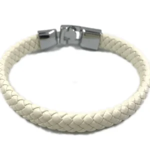 Kirurginteräsrannekoru, White Leather Bracelet with Stainless Steel