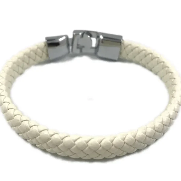 Kirurginteräsrannekoru, White Leather Bracelet with Stainless Steel