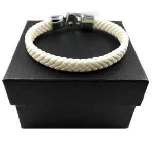 Kirurginteräsrannekoru, White Leather Bracelet with Stainless Steel