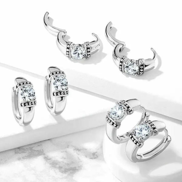 Korvarenkaat, Antique Silver Hoop Rings with Zirconia