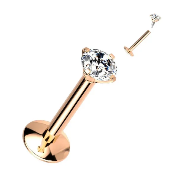 Labret,Titanium Round Medium 3mm CZ Rosegold (erikoispitkä sisäkierre)