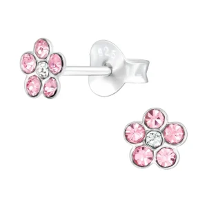 Lasten hopeanapit, Pink Crystal Flower -pinkit kukkakorvakorut