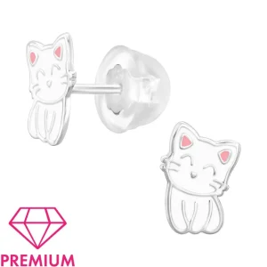 Lasten premium hopeanapit, Pretty Kitty -valkoiset kissa korvakorut