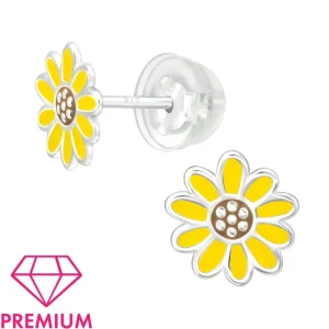 Lasten premium hopeanapit, Yellow Daisy -keltaiset kukkakorvakorut