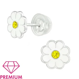 Lasten premium hopeanapit, White Daisy -valkoiset kukkakorvakorut