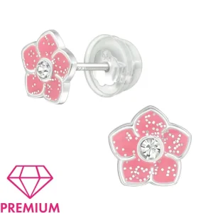Lasten premium hopeanapit, Pink Glitter Flower -pinkit kukkakorvakorut