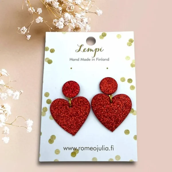 LEMPI®-korvakorut, Hellä -kimaltavat punaiset sydänkorvakorut