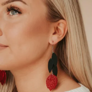 LEMPI-korvakorut, Lehdellinen tulppaani (vihreä, punainen glitter)