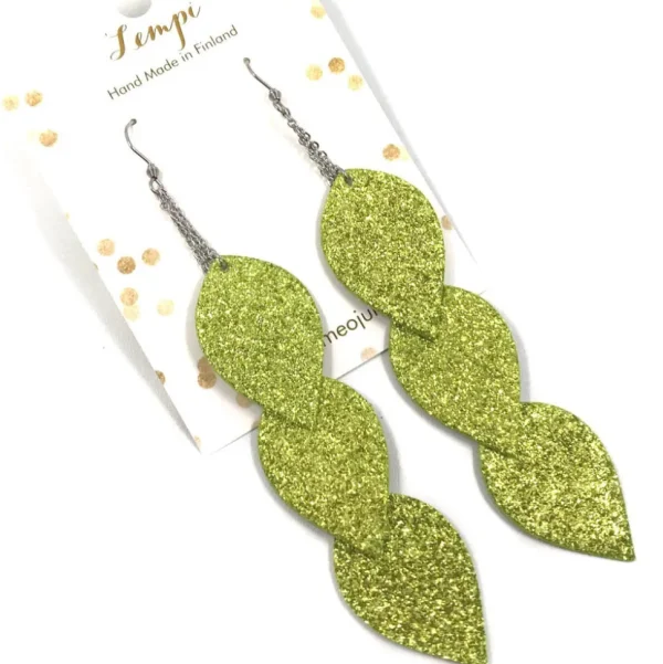 LEMPI-korvakorut, Lehdet (lehmuksenvihreä glitter, 3-os)