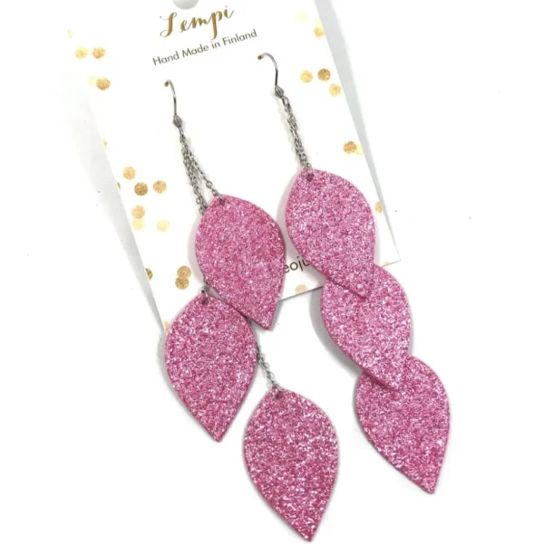 LEMPI-korvakorut, Lehdet (3-os, vaaleanpunainen glitter)